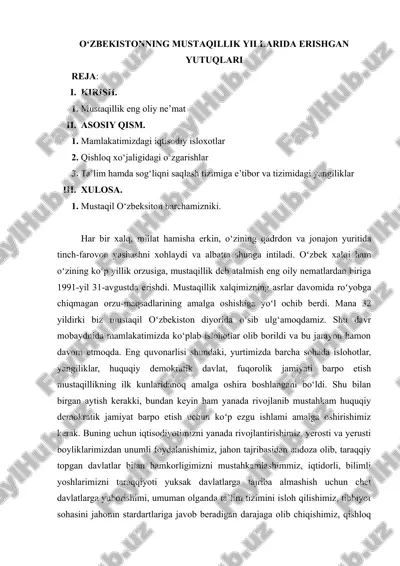 o‘zbekistonning mustaqillik yillarida erishgan yutuqlari — DOCX