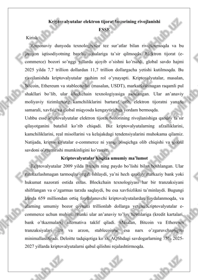 kriptovalyutalar elektron tijorat bozorining rivojlanishi — DOCX