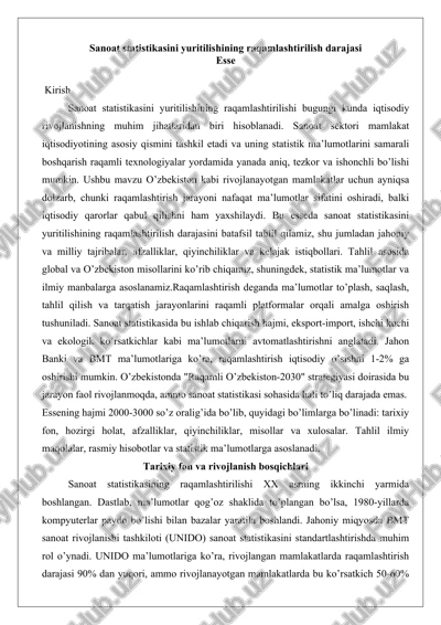 sanoat statistikasini yuritilishining raqamlashtirilish darajasi — DOCX