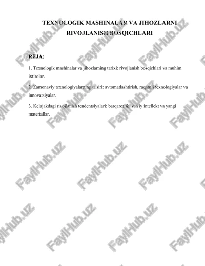 texnologik mashinalar va jihozlarni rivojlanish bosqichlari — DOCX