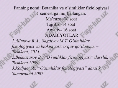 o'simliklar fiziologiyasi va biokimyosi — PPTX