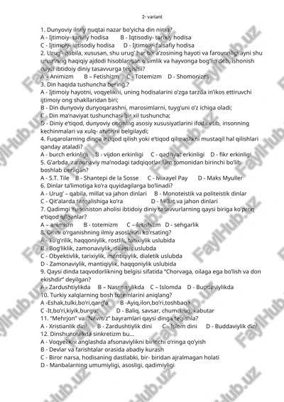 dinshunoslik fanidan testlar — DOCX