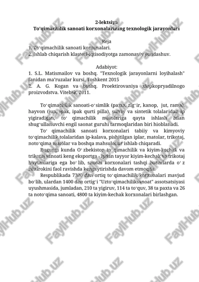 to'qimachilik sanoati korxonalarining texnologik jarayonlari — DOCX