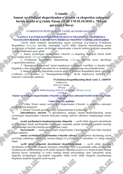 sanoat xavfsizligini ekspertizadan o‘tkazish va ekspertiza xulosasini berish tartibi to‘g‘risida nizom — DOCX