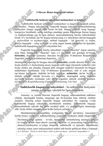 tadbirkorlik faoliyati subyektlari tushunchasi va belgilari — DOC