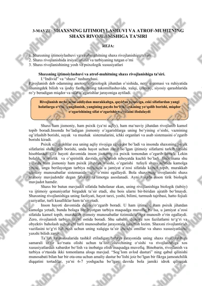 shaxsning ijtimoiylashuvi va atrof-muhitning shaxs rivojlanishiga ta'siri — DOCX