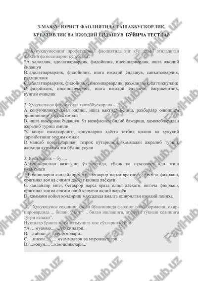 yurist faoliyatida tashabbuskorlik, kreativlik va ijodiy yondashuv. bo'yicha testlar — DOCX