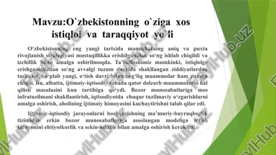 oʻzbekistonning oʻziga xosistiqlo va tarqiyot yoʻli — PPTX
