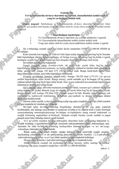 yo‘l korxonalarida ob-havo sharoitini me’yorlash, shamollatishni tashkil etish va yong‘in xavfsizligini tashkil etish — DOCX