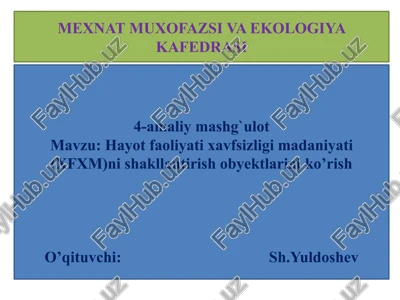 hayot faoliyati xavfsizligi madaniyati (xfxm)ni shakllantirish obyektlariniko’rish — PPTX