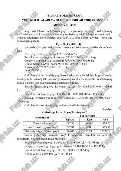 yog‘ kislotalari va glitserin ishlab chiqarishning moddiy hisobi — DOCX