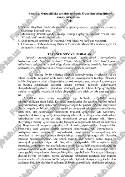 mustaqillikka erishish arafasida o‘zbekistondagi ijtimoiy-siyosiy jarayonlar — DOCX