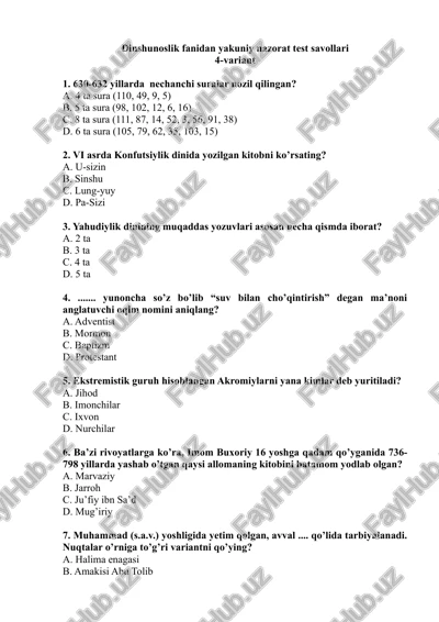 dinshunoslik fanidan yakuniy nazorat test savollari — DOC