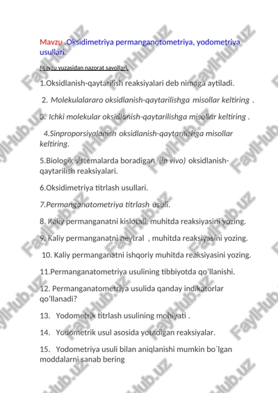 oksidimetriya permanganotometriya, yodometriya usullari — DOCX