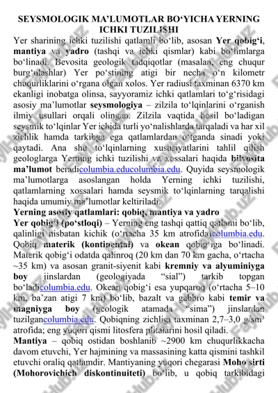 seysmologik ma'lumotlar bo'yicha yerning ichki tuzilishi — DOCX