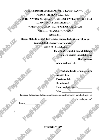 mahalla instituti faoliyatining samaradorligini oshirish va uni jamoatchilik boshqaruviga aylantirish — DOCX