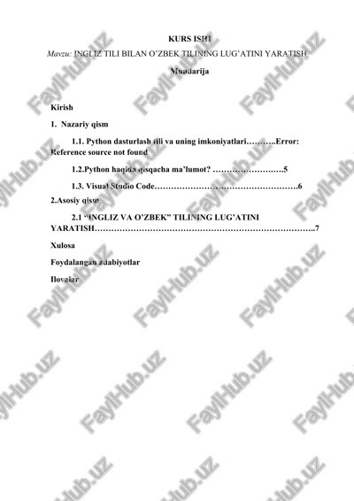 ingliz tili bilan o’zbek tilining lug’atini yaratish — DOCX