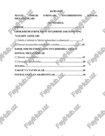 ishchi oʻrinlari toʻldirishning sotsial mexanizmlari — DOCX