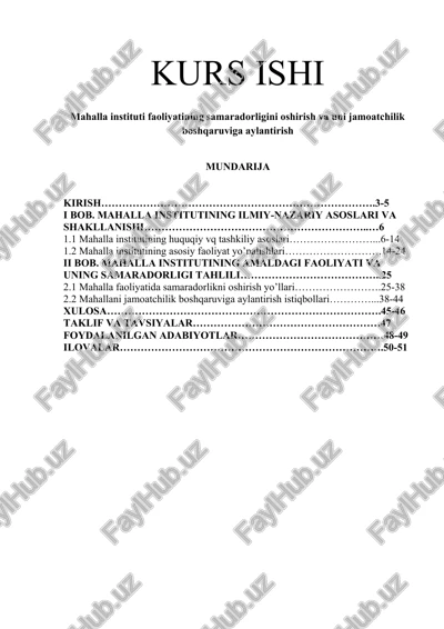 mahalla instituti faoliyatining samardorligini oshirish va uni jamoatchilik boshqaruviga aylantirish kurs ishi — DOCX