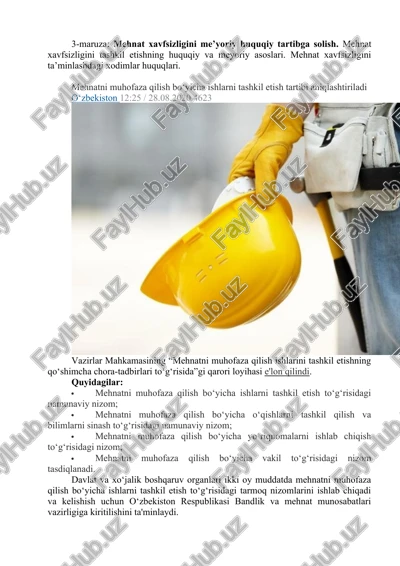 mehnat xavfsizligini tashkil etishning huquqiy va meyoriy asoslari — DOC