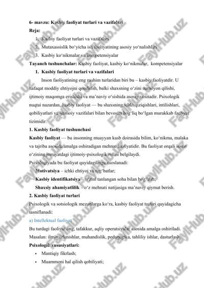 kasbiy faoliyat turlari va vazifalari — DOCX