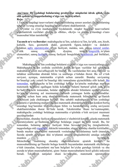 maktabgacha ta’lim yoshidagi bolalar uchun matematik o‘qitish — DOCX