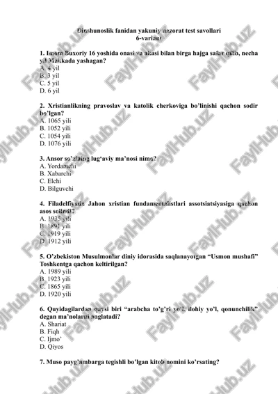 dinshunoslik fanidan yakuniy nazorat test savollari — DOC