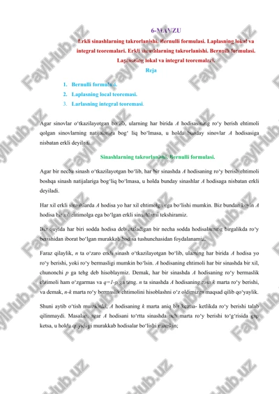 erkli sinashlarning takrorlanishi. bernulli formulasi. laplasning lokal va integral teoremalari — DOCX