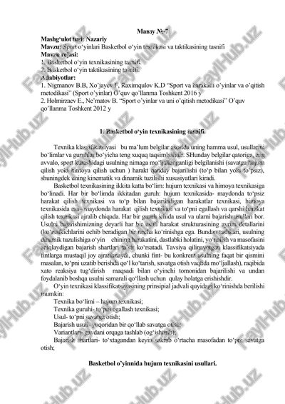 basketbol o‘yin texnikasi va taktikasining tasnifi — DOCX