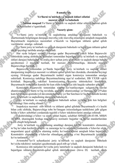 yo‘llarni ta’mirlash va saqlash ishlari sifatini nazorat qilish va baholash — DOCX