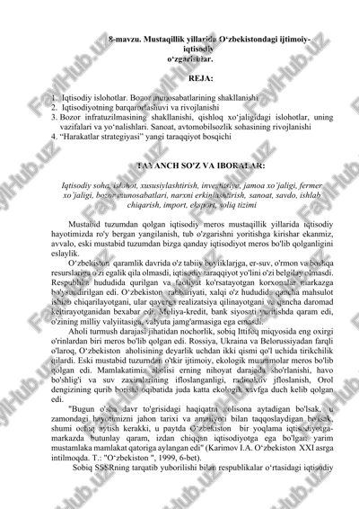 mustaqillik yillarida o‘zbekistondagi ijtimoiy-iqtisodiy o‘zgarishlar — DOCX