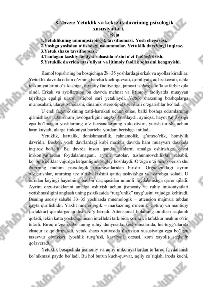 yetuklik va keksalik davrining psixologik xususiyatlari — DOCX