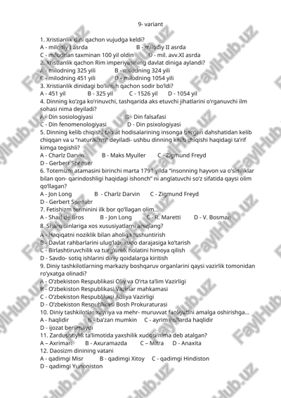 xristianlik dinining tarixi test savollari — DOCX
