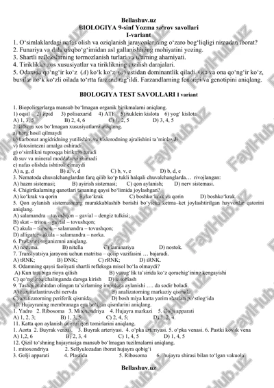 biologiya 9-sinf yozma so‘rov savollari — DOCX