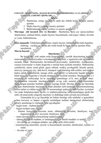 shartnoma, majlis bayoni, bildirishnoma va ularning vazifasi, zaruriy qismlari — DOCX