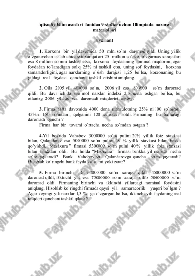 iqtisodiy bilim asoslari fanidan 9-sinflar uchun olimpiada nazorat materiallari — DOC