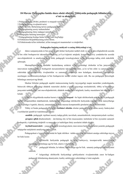 pedagogika fanida shaxs obekt sifatida. tibbiyotda pedagogik bilimlarning o'rni va ahamiyati. — DOCX