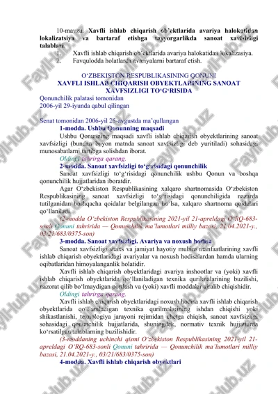 xavfli ishlab chiqarish ob’ektlarida avariya halokatidan lokalizatsiya va bartaraf etishga tayyorgarlikda sanoat xavfsizligi talablari — DOCX