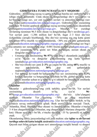 gidrosfera tushunchasi va suv miqdori — DOCX