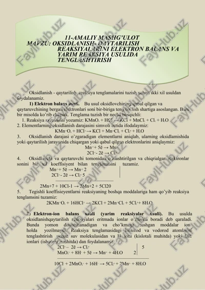 oksidlanish - qaytarilish reaksiya tenglamalarini tuzish usullari — DOCX