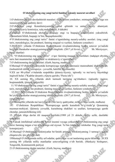 o‘zbekistonning eng yangi tarixi fanidan yakuniy nazorat savollari — DOCX