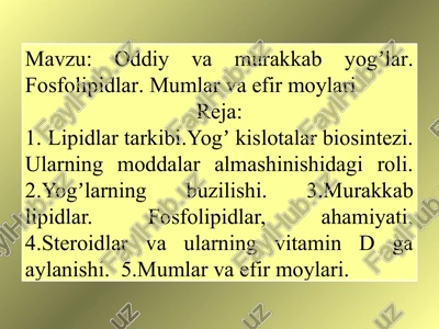 oddiy va murakkab yogʼlar. fosfolipidlar. mumlar va efir moylari — PPTX
