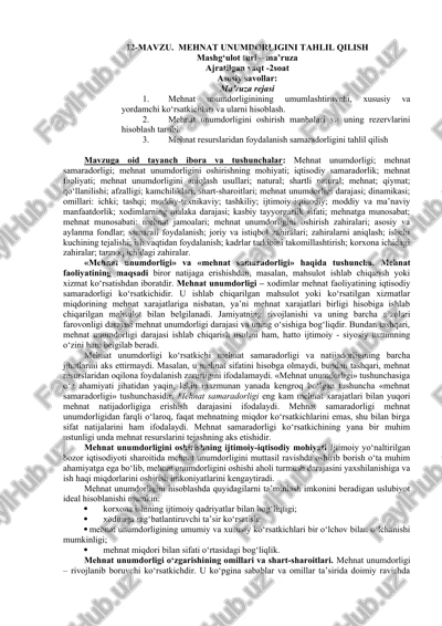 mehnat unumdorligini tahsil qilish — DOCX