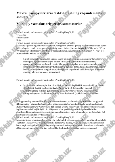 kompyuterlarni tashkil qilishning raqamli mantiqiy asoslari — DOCX