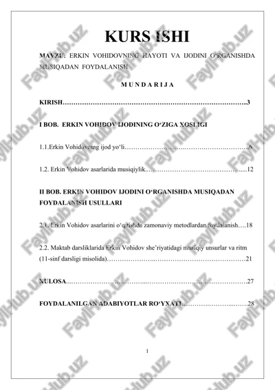 erkin vohidovning hayoti va ijodini o‘rganishda musiqadan foydalanish kursi — DOCX