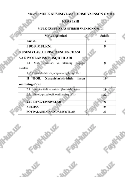 mulk-xususiylashtirish va inson omili kurs ishi — DOCX