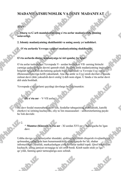madaniyatshunoslik va diniy madaniyat — DOCX