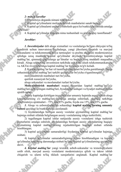 kapital qo'yilmalarni moliyalashtirish manbalarini sanab bering — DOCX