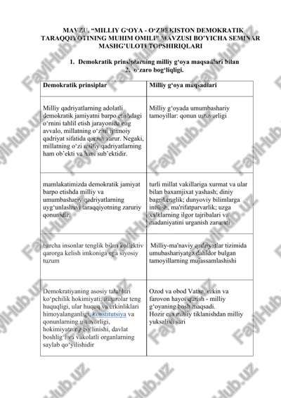 “milliy g‘oya - o‘zbekiston demokratik taraqqiyotining muhim omili” seminar mashg'uloti — DOCX