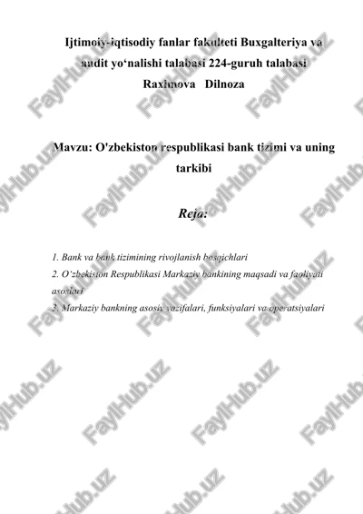 o'zbekiston respublikasi bank tizimi va uning tarkibi — DOCX
